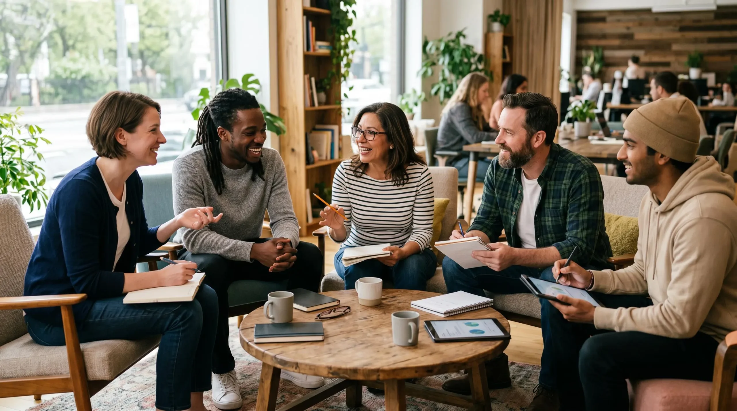 Petite équipe en demi-cercle autour d'une table basse, engagée dans un debrief post-team building, carnets ouverts et échanges animés