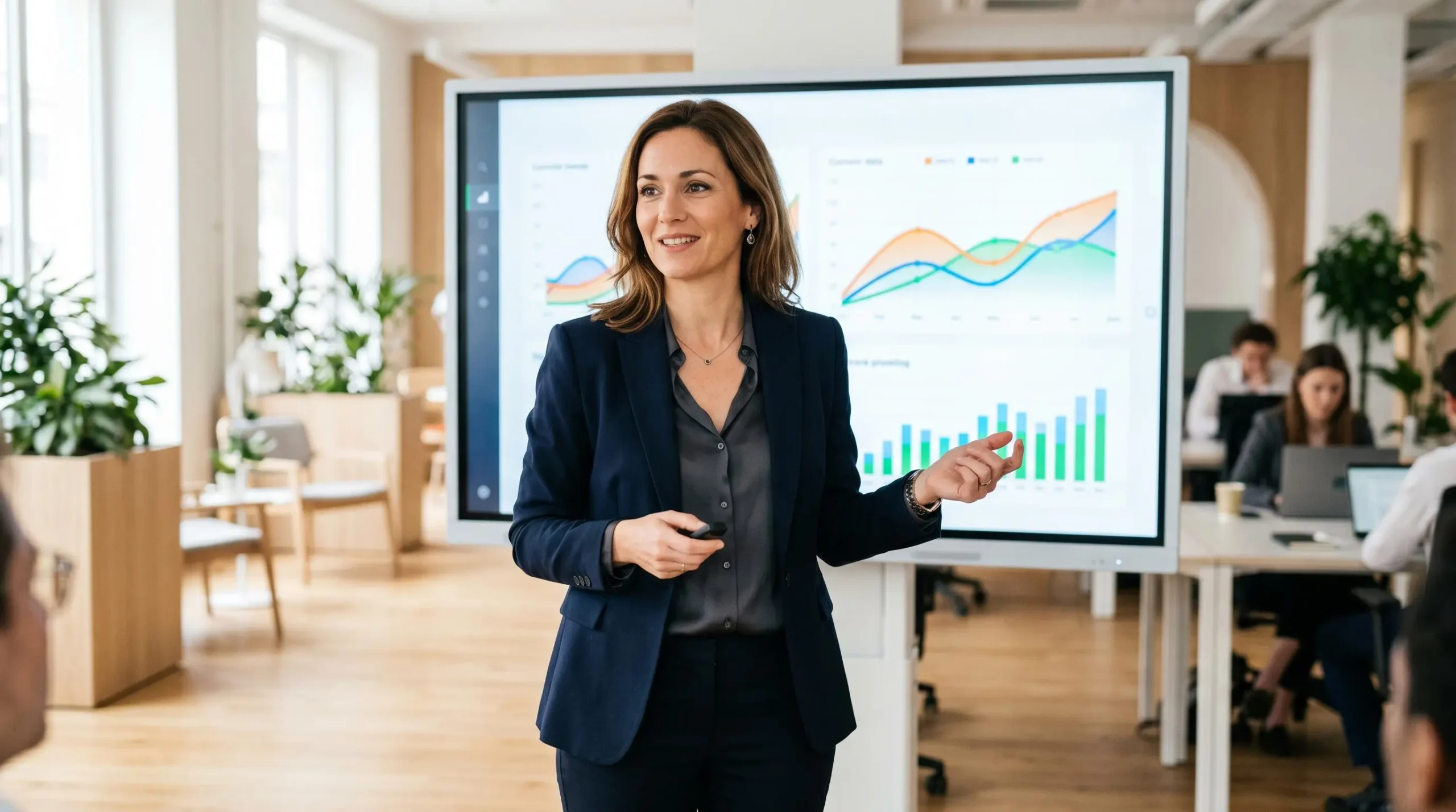 Manager consultant un tableau de bord d'indicateurs RH sur écran, évaluant les effets d'un team building sur la cohésion d'équipe