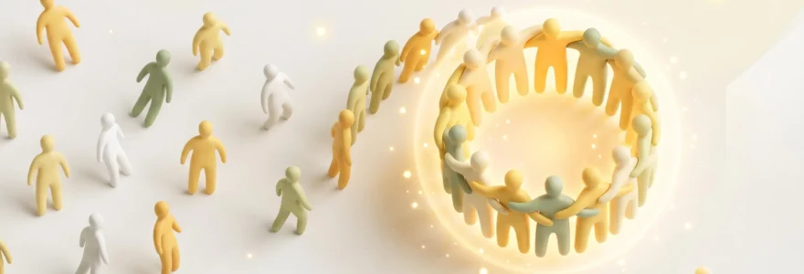 Groupe de silhouettes stylisées formant un cercle soudé, évoluant d'une configuration dispersée vers une forme cohérente, symbolisant la transformation collective après un team building